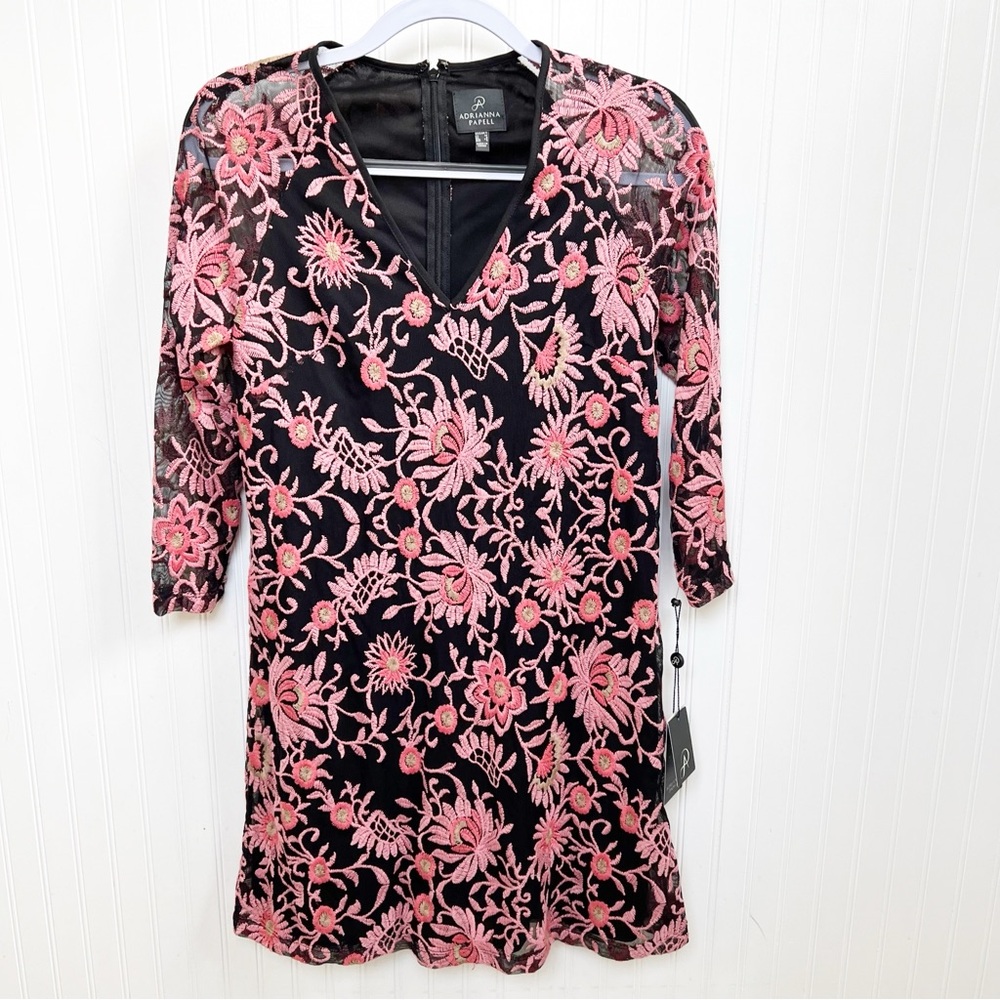 Adrianna Papell Black & Coral Pink Floral Embroidered Marrakesh Trapeze Dress
